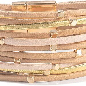 Chic Beaded Leather Wrap Bracelet - Cute Boho Stackable Cuff with Magnetic Clasp